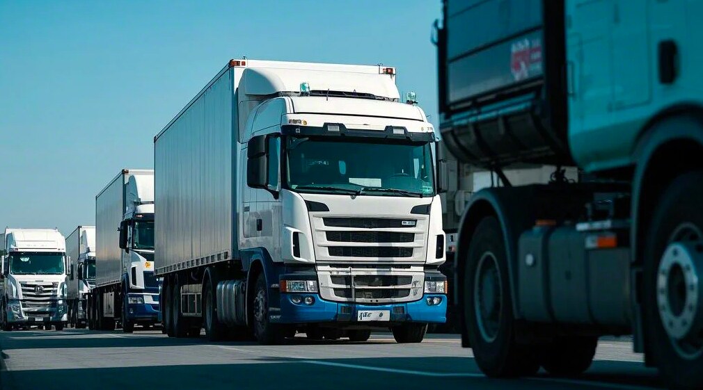 Logistics truck fleet on the road